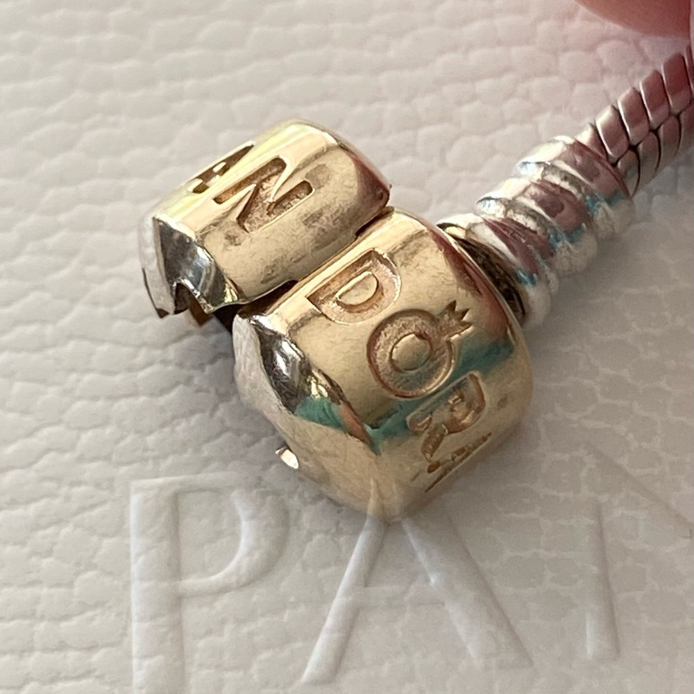 EUC Pandora S925 Silver snakeshain and 14K solid Gold clasp Bracelet, 8 inches - Picture 2 of 10